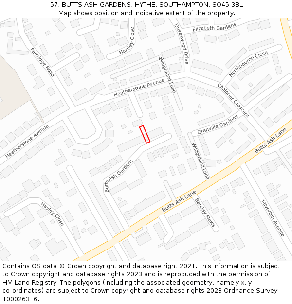 57, BUTTS ASH GARDENS, HYTHE, SOUTHAMPTON, SO45 3BL: Location map and indicative extent of plot