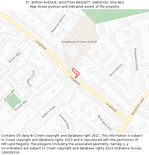 57, BYRON AVENUE, WOOTTON BASSETT, SWINDON, SN4 8EZ: Location map and indicative extent of plot