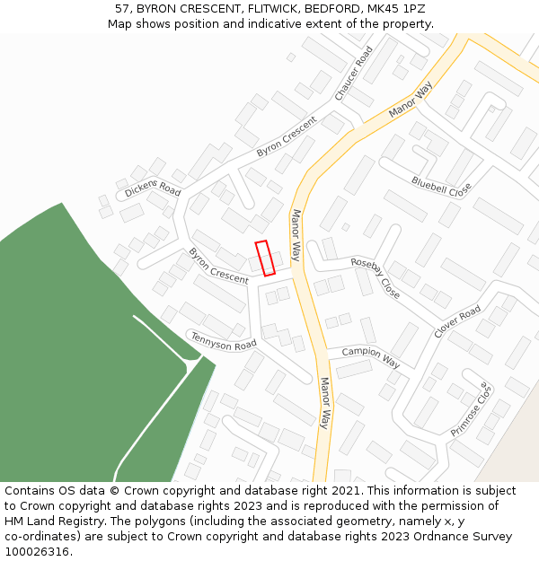 57, BYRON CRESCENT, FLITWICK, BEDFORD, MK45 1PZ: Location map and indicative extent of plot