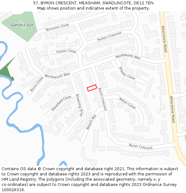57, BYRON CRESCENT, MEASHAM, SWADLINCOTE, DE12 7EN: Location map and indicative extent of plot