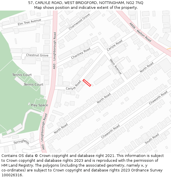 57, CARLYLE ROAD, WEST BRIDGFORD, NOTTINGHAM, NG2 7NQ: Location map and indicative extent of plot