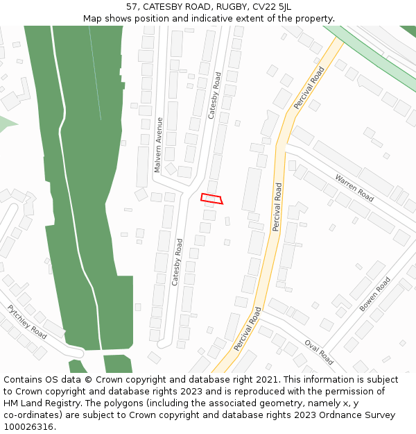 57, CATESBY ROAD, RUGBY, CV22 5JL: Location map and indicative extent of plot