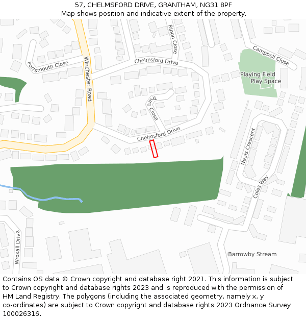 57, CHELMSFORD DRIVE, GRANTHAM, NG31 8PF: Location map and indicative extent of plot