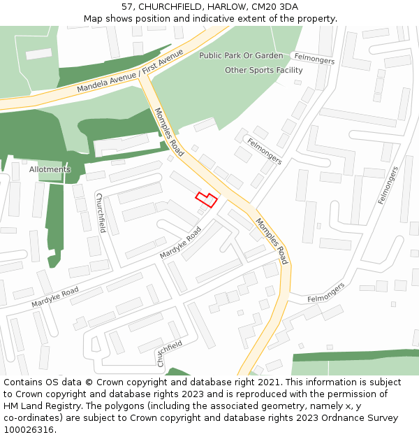 57, CHURCHFIELD, HARLOW, CM20 3DA: Location map and indicative extent of plot