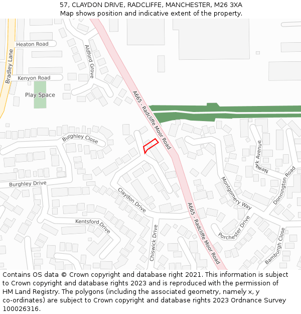 57, CLAYDON DRIVE, RADCLIFFE, MANCHESTER, M26 3XA: Location map and indicative extent of plot