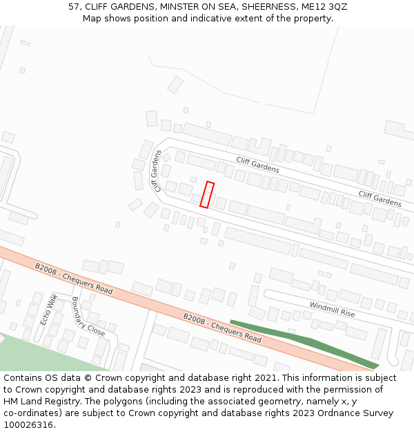 57, CLIFF GARDENS, MINSTER ON SEA, SHEERNESS, ME12 3QZ: Location map and indicative extent of plot