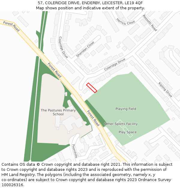 57, COLERIDGE DRIVE, ENDERBY, LEICESTER, LE19 4QF: Location map and indicative extent of plot