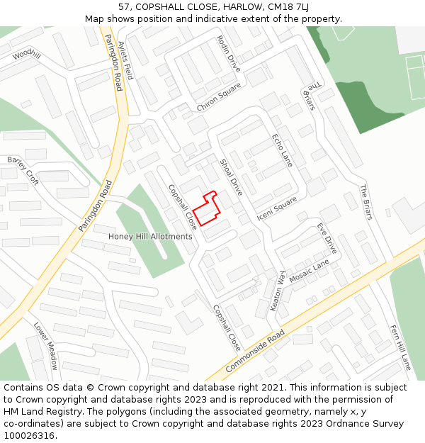 57, COPSHALL CLOSE, HARLOW, CM18 7LJ: Location map and indicative extent of plot