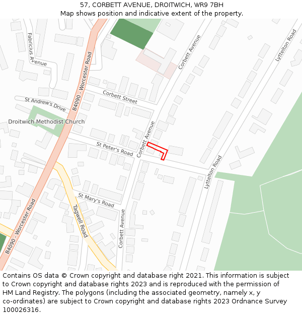 57, CORBETT AVENUE, DROITWICH, WR9 7BH: Location map and indicative extent of plot