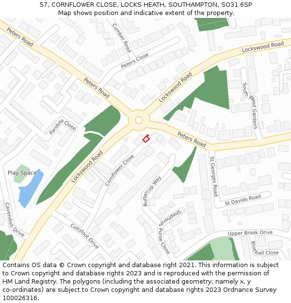 57, CORNFLOWER CLOSE, LOCKS HEATH, SOUTHAMPTON, SO31 6SP: Location map and indicative extent of plot