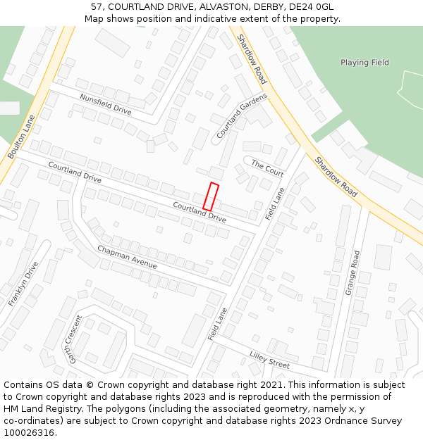 57, COURTLAND DRIVE, ALVASTON, DERBY, DE24 0GL: Location map and indicative extent of plot