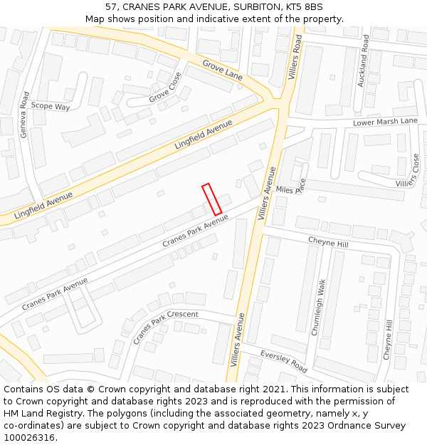 57, CRANES PARK AVENUE, SURBITON, KT5 8BS: Location map and indicative extent of plot