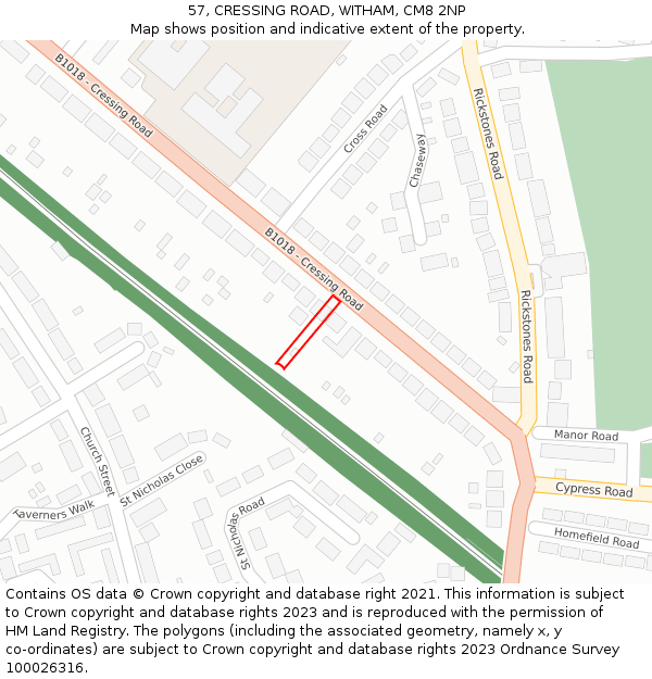 57, CRESSING ROAD, WITHAM, CM8 2NP: Location map and indicative extent of plot