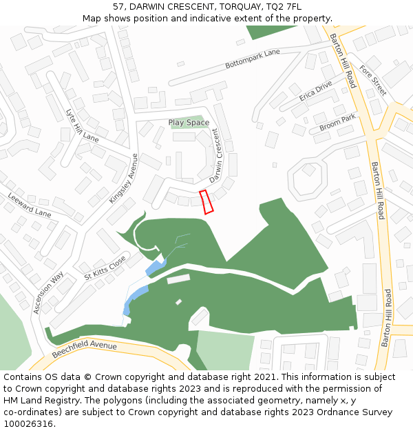 57, DARWIN CRESCENT, TORQUAY, TQ2 7FL: Location map and indicative extent of plot