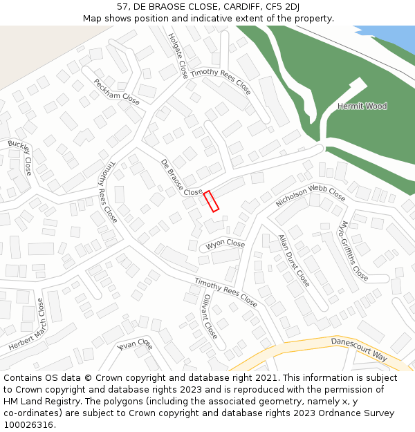 57, DE BRAOSE CLOSE, CARDIFF, CF5 2DJ: Location map and indicative extent of plot