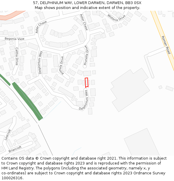 57, DELPHINIUM WAY, LOWER DARWEN, DARWEN, BB3 0SX: Location map and indicative extent of plot