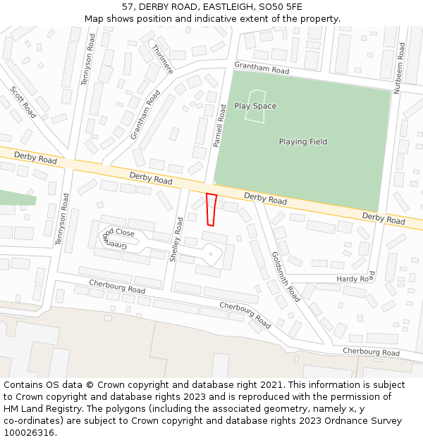 57, DERBY ROAD, EASTLEIGH, SO50 5FE: Location map and indicative extent of plot