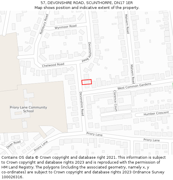 57, DEVONSHIRE ROAD, SCUNTHORPE, DN17 1ER: Location map and indicative extent of plot