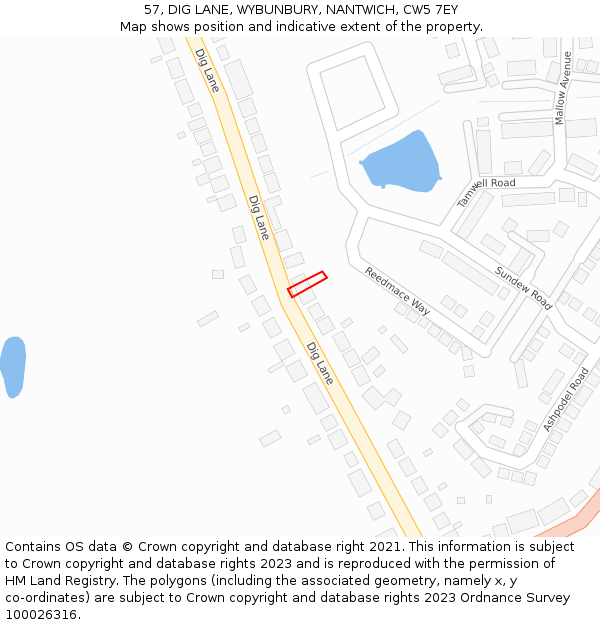 57, DIG LANE, WYBUNBURY, NANTWICH, CW5 7EY: Location map and indicative extent of plot