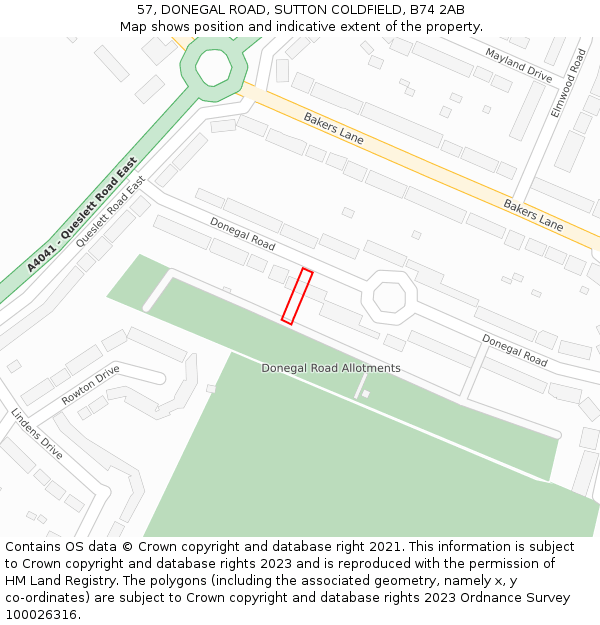 57, DONEGAL ROAD, SUTTON COLDFIELD, B74 2AB: Location map and indicative extent of plot