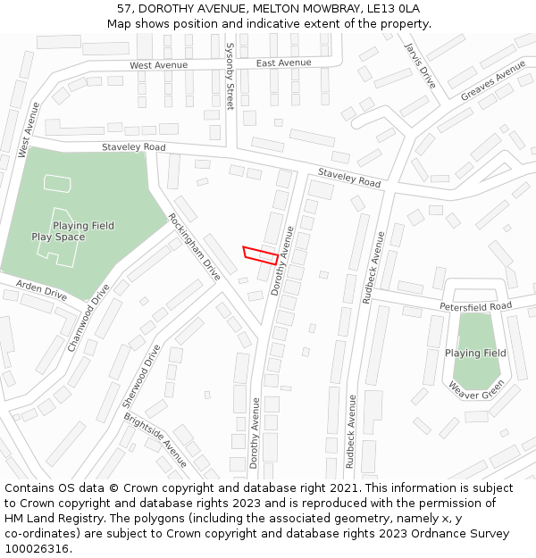 57, DOROTHY AVENUE, MELTON MOWBRAY, LE13 0LA: Location map and indicative extent of plot