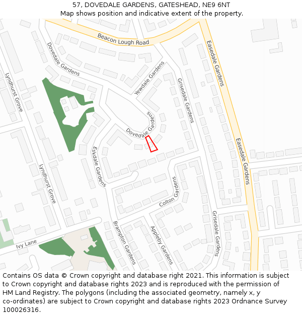 57, DOVEDALE GARDENS, GATESHEAD, NE9 6NT: Location map and indicative extent of plot