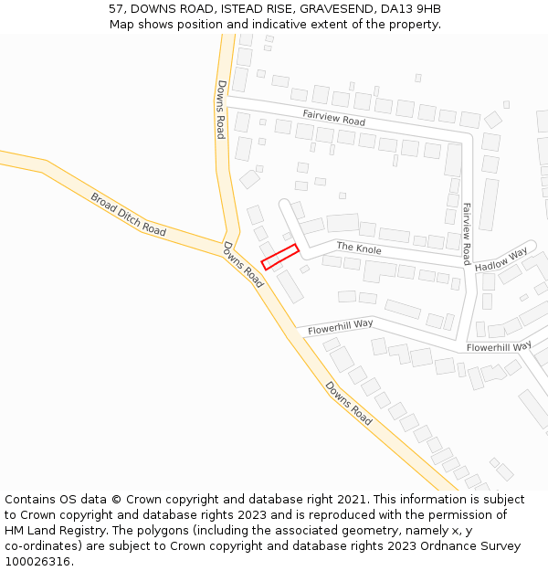 57, DOWNS ROAD, ISTEAD RISE, GRAVESEND, DA13 9HB: Location map and indicative extent of plot