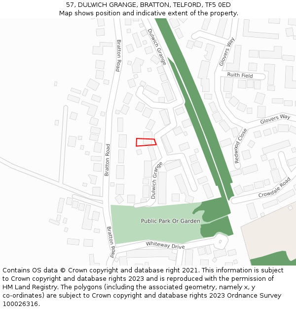 57, DULWICH GRANGE, BRATTON, TELFORD, TF5 0ED: Location map and indicative extent of plot