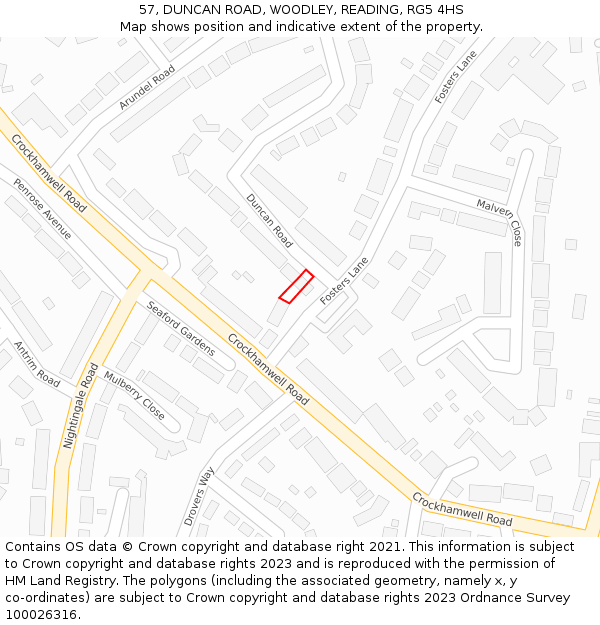 57, DUNCAN ROAD, WOODLEY, READING, RG5 4HS: Location map and indicative extent of plot