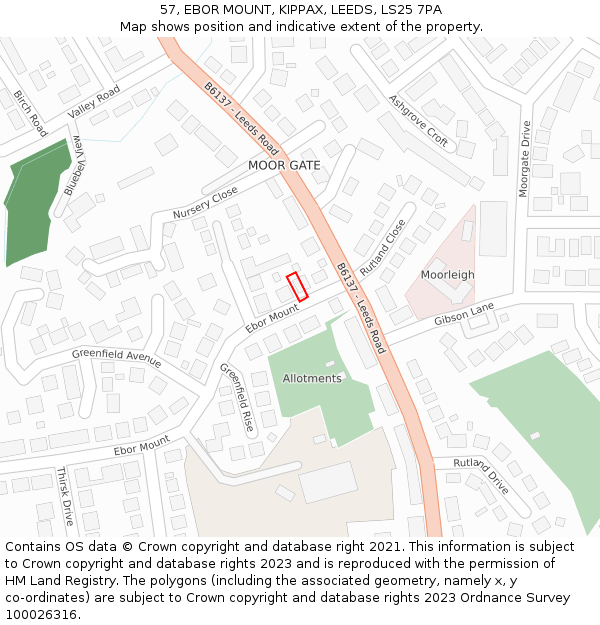 57, EBOR MOUNT, KIPPAX, LEEDS, LS25 7PA: Location map and indicative extent of plot