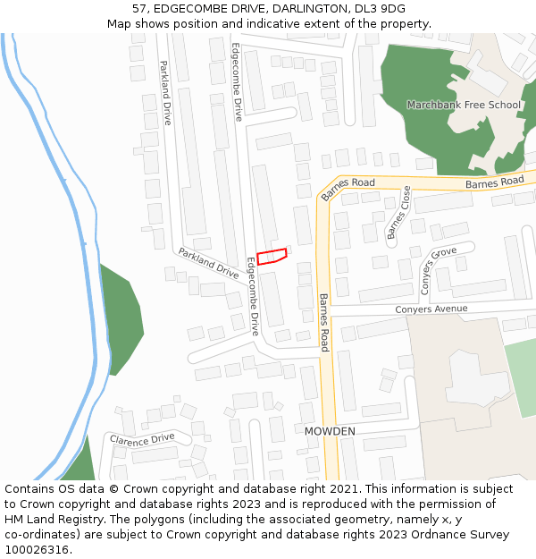 57, EDGECOMBE DRIVE, DARLINGTON, DL3 9DG: Location map and indicative extent of plot