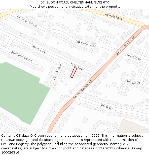 57, ELDON ROAD, CHELTENHAM, GL52 6TX: Location map and indicative extent of plot