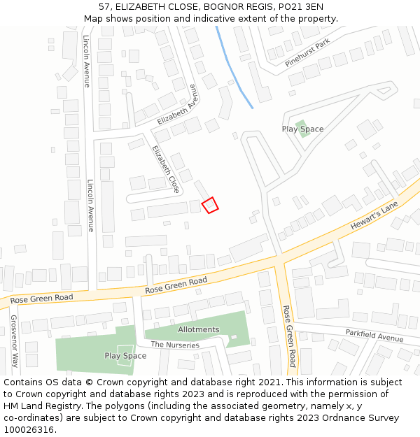 57, ELIZABETH CLOSE, BOGNOR REGIS, PO21 3EN: Location map and indicative extent of plot