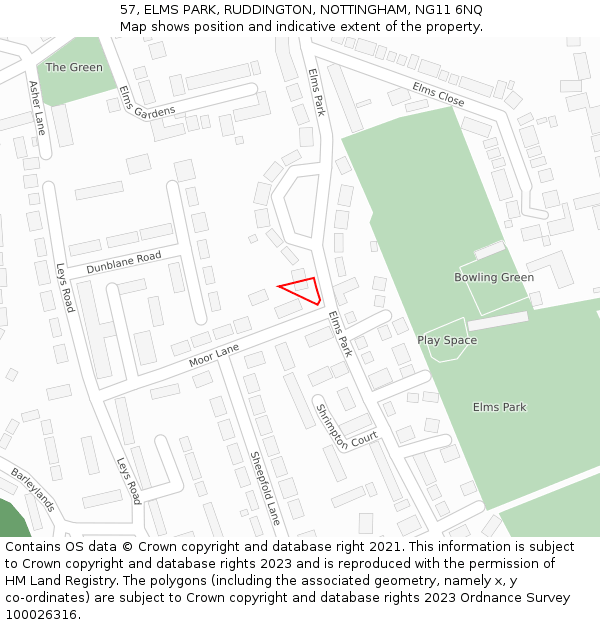 57, ELMS PARK, RUDDINGTON, NOTTINGHAM, NG11 6NQ: Location map and indicative extent of plot