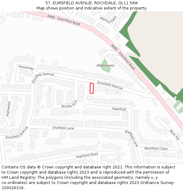 57, ELMSFIELD AVENUE, ROCHDALE, OL11 5XW: Location map and indicative extent of plot