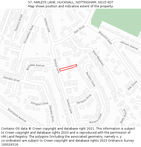 57, FARLEYS LANE, HUCKNALL, NOTTINGHAM, NG15 6DT: Location map and indicative extent of plot