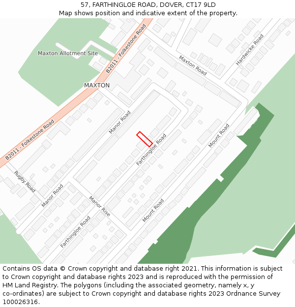 57, FARTHINGLOE ROAD, DOVER, CT17 9LD: Location map and indicative extent of plot