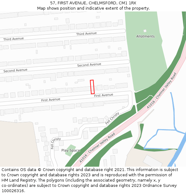 57, FIRST AVENUE, CHELMSFORD, CM1 1RX: Location map and indicative extent of plot