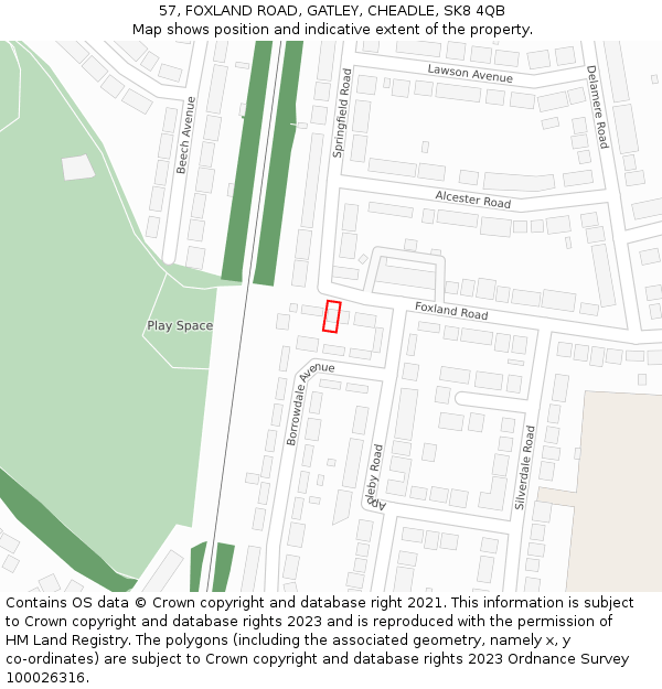 57, FOXLAND ROAD, GATLEY, CHEADLE, SK8 4QB: Location map and indicative extent of plot