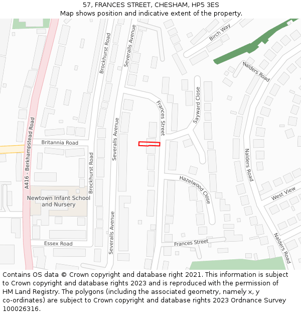 57, FRANCES STREET, CHESHAM, HP5 3ES: Location map and indicative extent of plot