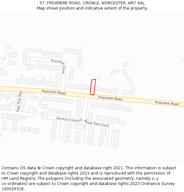 57, FROXMERE ROAD, CROWLE, WORCESTER, WR7 4AL: Location map and indicative extent of plot