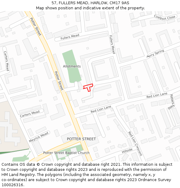 57, FULLERS MEAD, HARLOW, CM17 9AS: Location map and indicative extent of plot