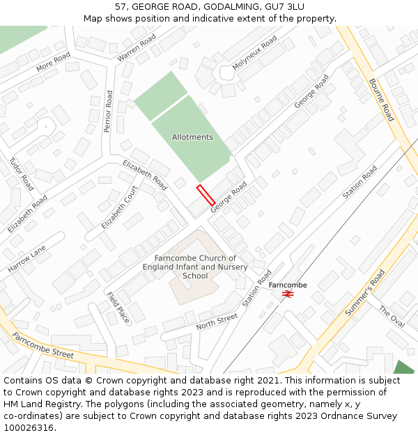 57, GEORGE ROAD, GODALMING, GU7 3LU: Location map and indicative extent of plot