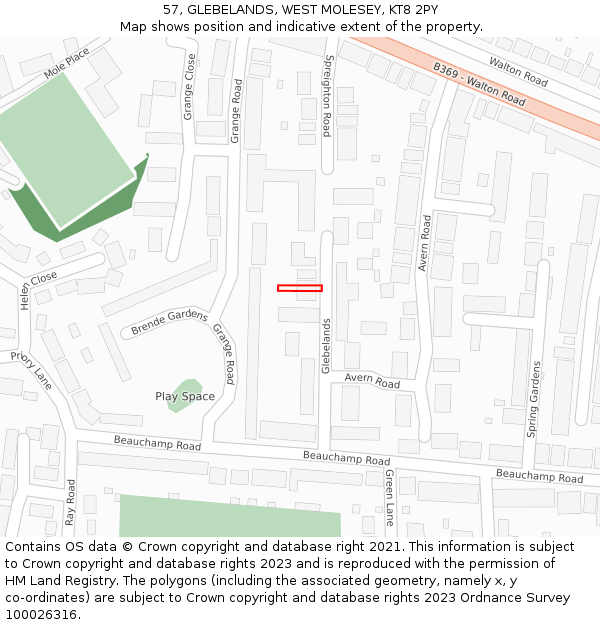 57, GLEBELANDS, WEST MOLESEY, KT8 2PY: Location map and indicative extent of plot