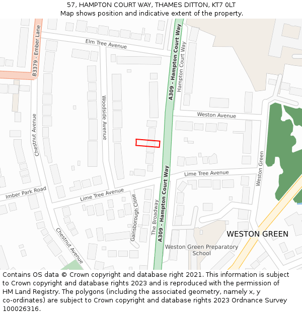 57, HAMPTON COURT WAY, THAMES DITTON, KT7 0LT: Location map and indicative extent of plot