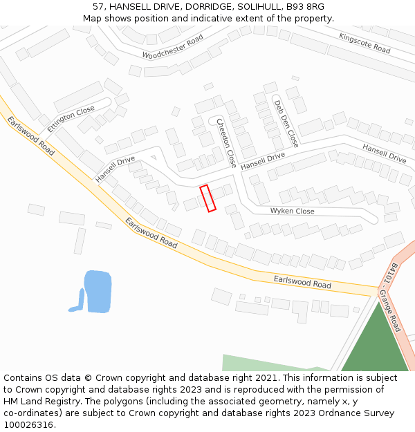 57, HANSELL DRIVE, DORRIDGE, SOLIHULL, B93 8RG: Location map and indicative extent of plot