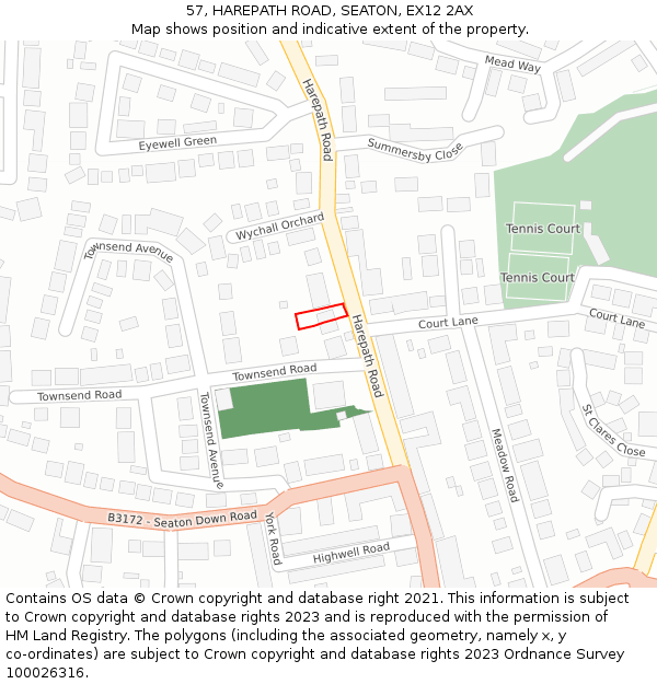 57, HAREPATH ROAD, SEATON, EX12 2AX: Location map and indicative extent of plot