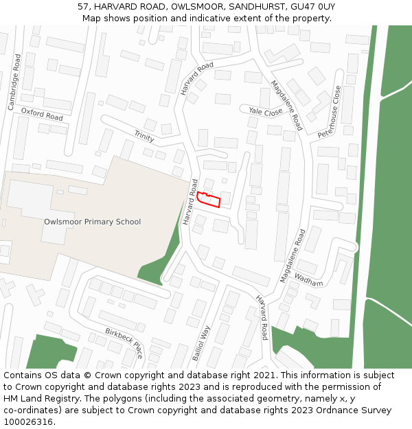 57, HARVARD ROAD, OWLSMOOR, SANDHURST, GU47 0UY: Location map and indicative extent of plot