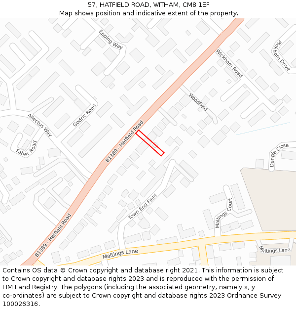 57, HATFIELD ROAD, WITHAM, CM8 1EF: Location map and indicative extent of plot