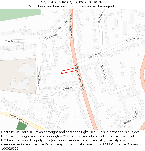 57, HEADLEY ROAD, LIPHOOK, GU30 7NS: Location map and indicative extent of plot